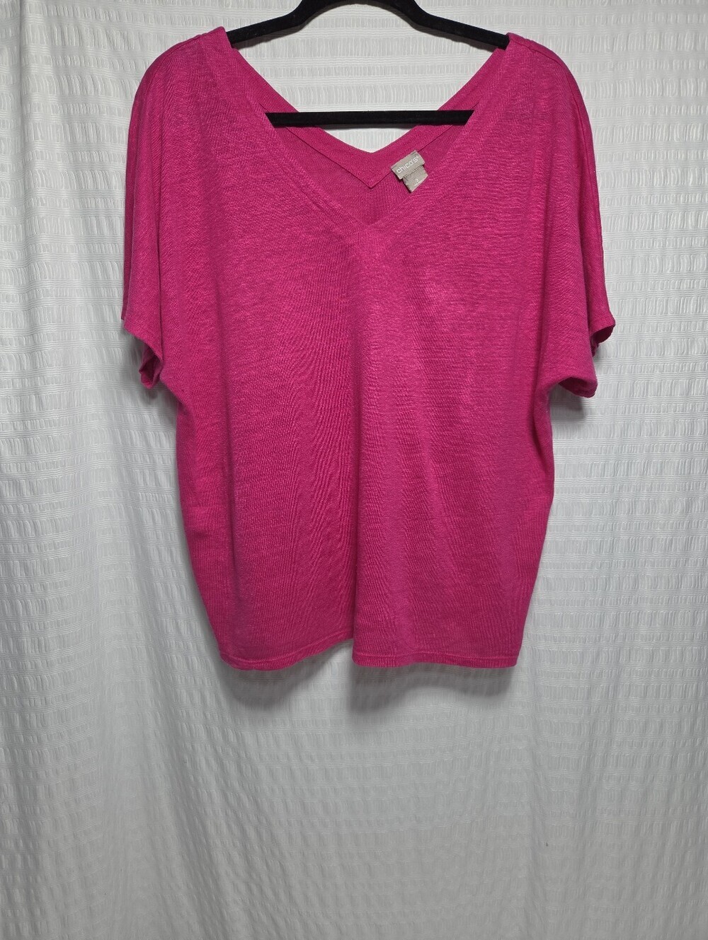 Chico's 100% Linen Hot Pink V- Neck Dolman Sleeve Pull Over Top. Size L
